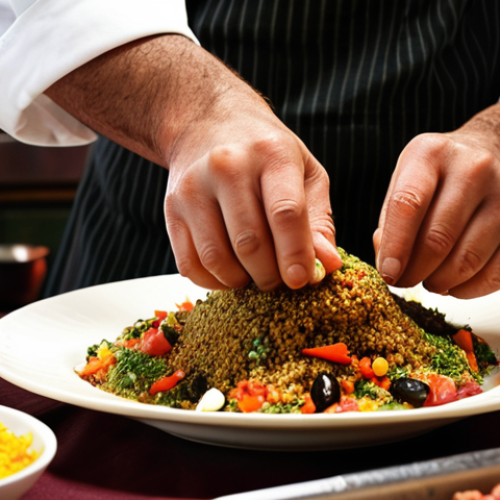 Home 4 ** A close-up shot of a chef's hands expertly preparing a traditional dish. Focus on the vibrant colors of the ingredients and the textures of the food. Use warm lighting to evoke a sense of authenticity and comfort. Consider including traditional Arabic cooking tools or ingredients in the frame.
**