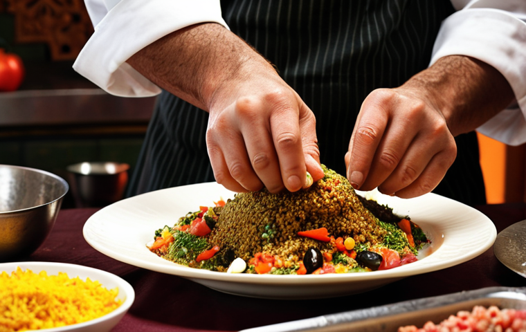 ** A close-up shot of a chef's hands expertly preparing a traditional dish. Focus on the vibrant colors of the ingredients and the textures of the food. Use warm lighting to evoke a sense of authenticity and comfort. Consider including traditional Arabic cooking tools or ingredients in the frame.
**